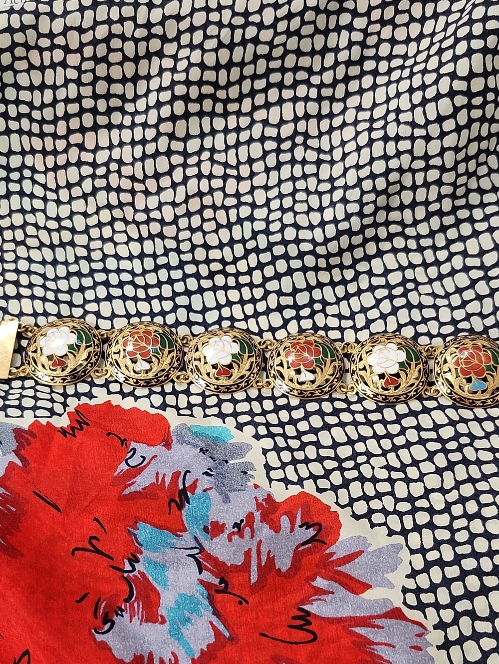 Vintage Unsigned D&E Celebrity NY Moroccan Matrix Enamel Floral Link Bracelet